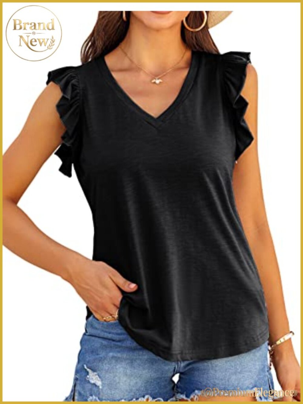 Womens Rayon Spandex V Neck Ruffle Sleeve Tank Top Casual Summer Blouse